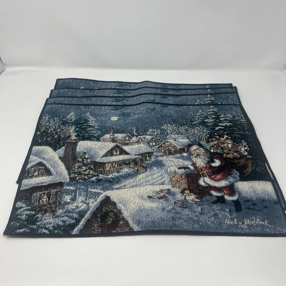 Set Of 4 Nicky Boehme Tapestry Christmas Placemats Santa On Rooftop Toy Bag